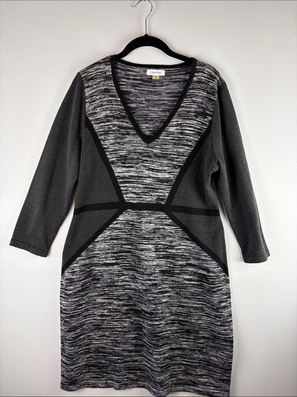 Calvin Klein Black and Gray V‑Neck Panel Knit Dress